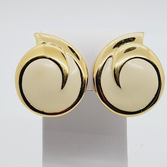 Vintage Monet Gold Cream Enamel Post Earrings Swirl Retro Signed 1.25" EUC - Picture 1 of 5